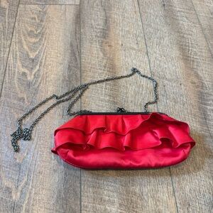 Red Satin Ruffle Clutch Bag Purse With a Chain Strap Leopard Print Lining